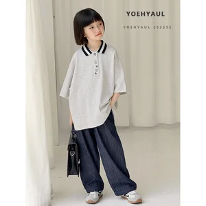 YOEHYAUL CD1929 110CM-170CM Parent-children Mother and Girls Polo T-shirt T Shirts Kids 10-15 Years Mom Teen Polo Tshirt Kids