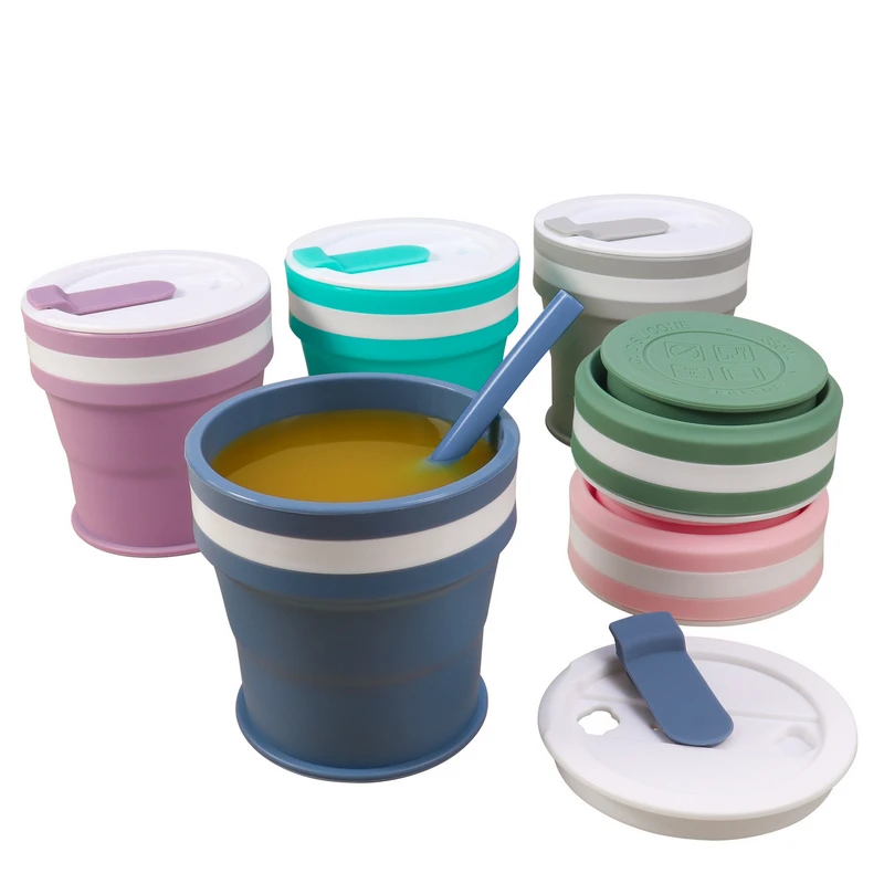 Portable Silicon Outdoor Pocket Foldable Cup Custom Reusable Collapsible Silicone Folding Travel Coffee Water Cup Mug with Lid