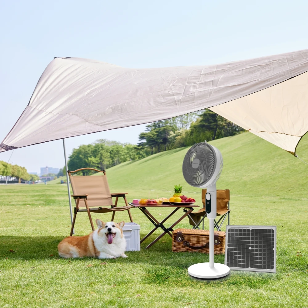 Camping Outdoor Solar Power Electric Fan USB 11Inch Rechargeable Indoor Solar Fan With Light