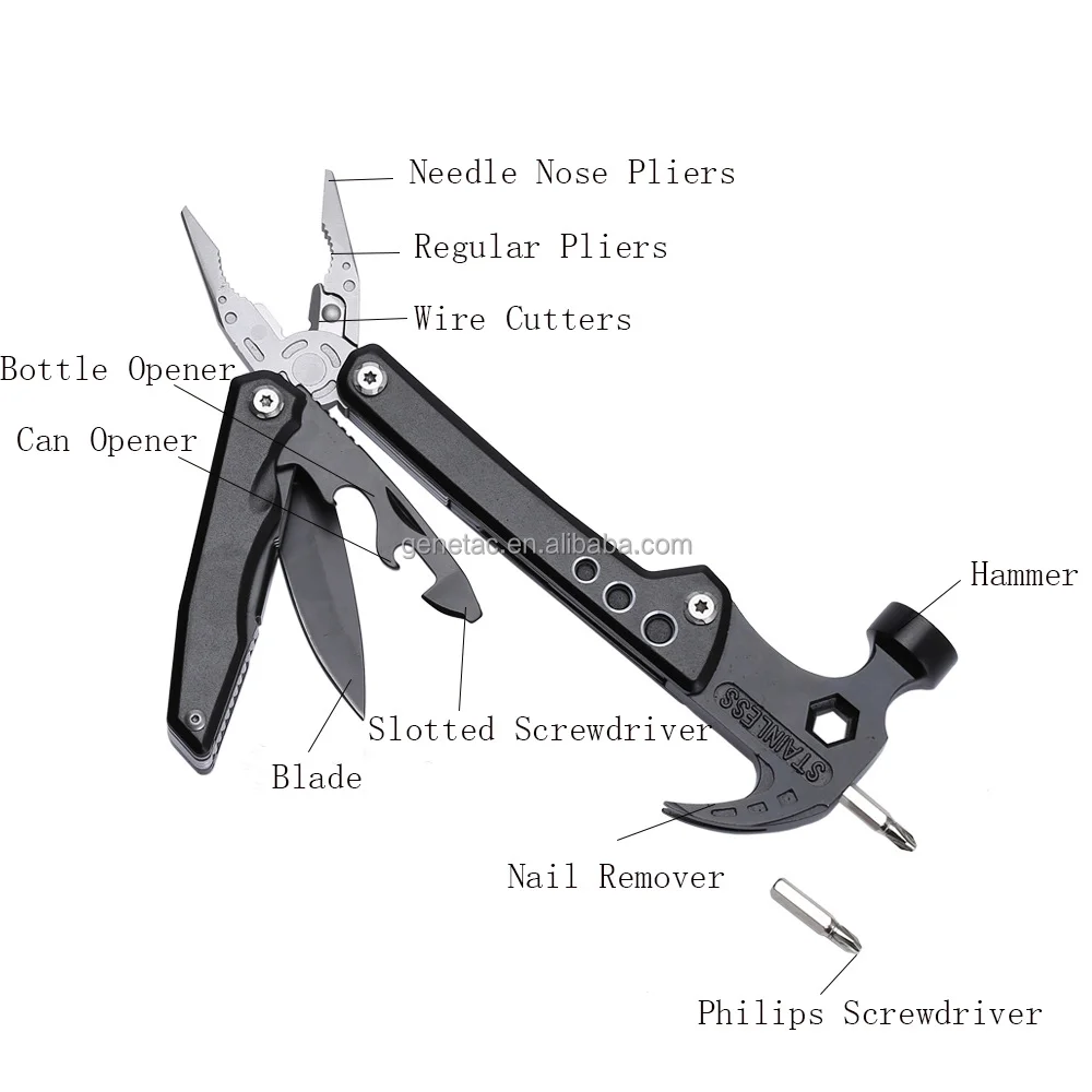 High Quality 13 1 Stainless Steel Pocket Style Multitool Outdoor Multifunctional Claw Hammer Pliers Screwdriver Blade Camping
