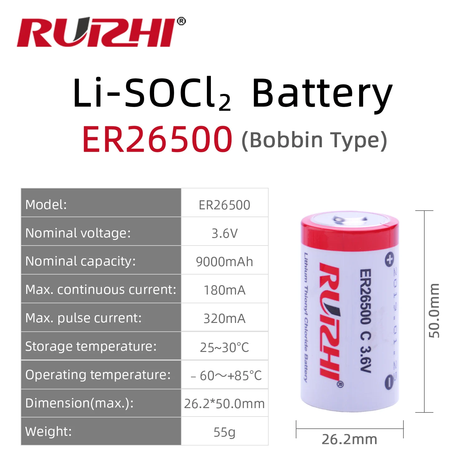 ER26500 C Size 3.6V 9000mAh High Energy Lithium Battery,100 Packs