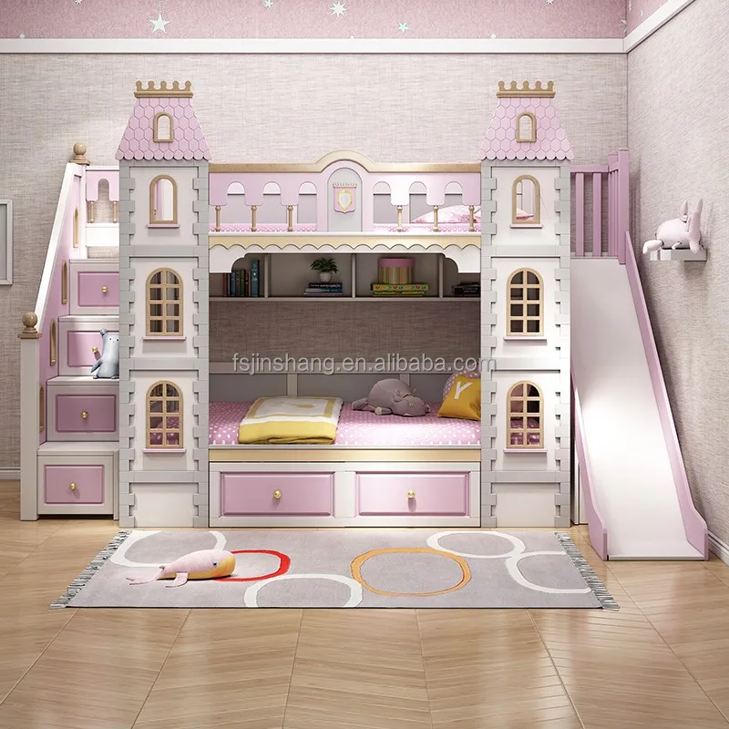 JS FURNITURE New Design Kids Double Bed for Children Bedroom Furniture  Kids Helicopter Bed With Modern Slide and Stairs