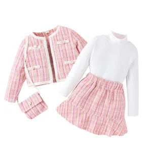 Wholesale Kids Clothing Sets-White Turtleneck Top & Lotus Leaf Skirt Plus Coat for Toddler Girls Solid Pattern