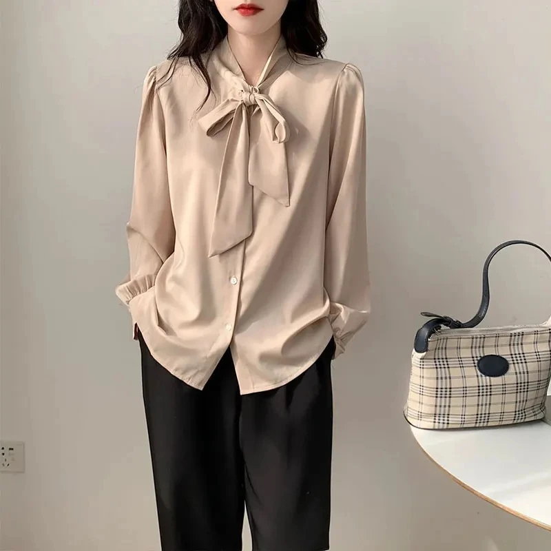 Womens Elegant Chiffon Formal Shirts Korean Tie Neck Blouse Slim Fit ...