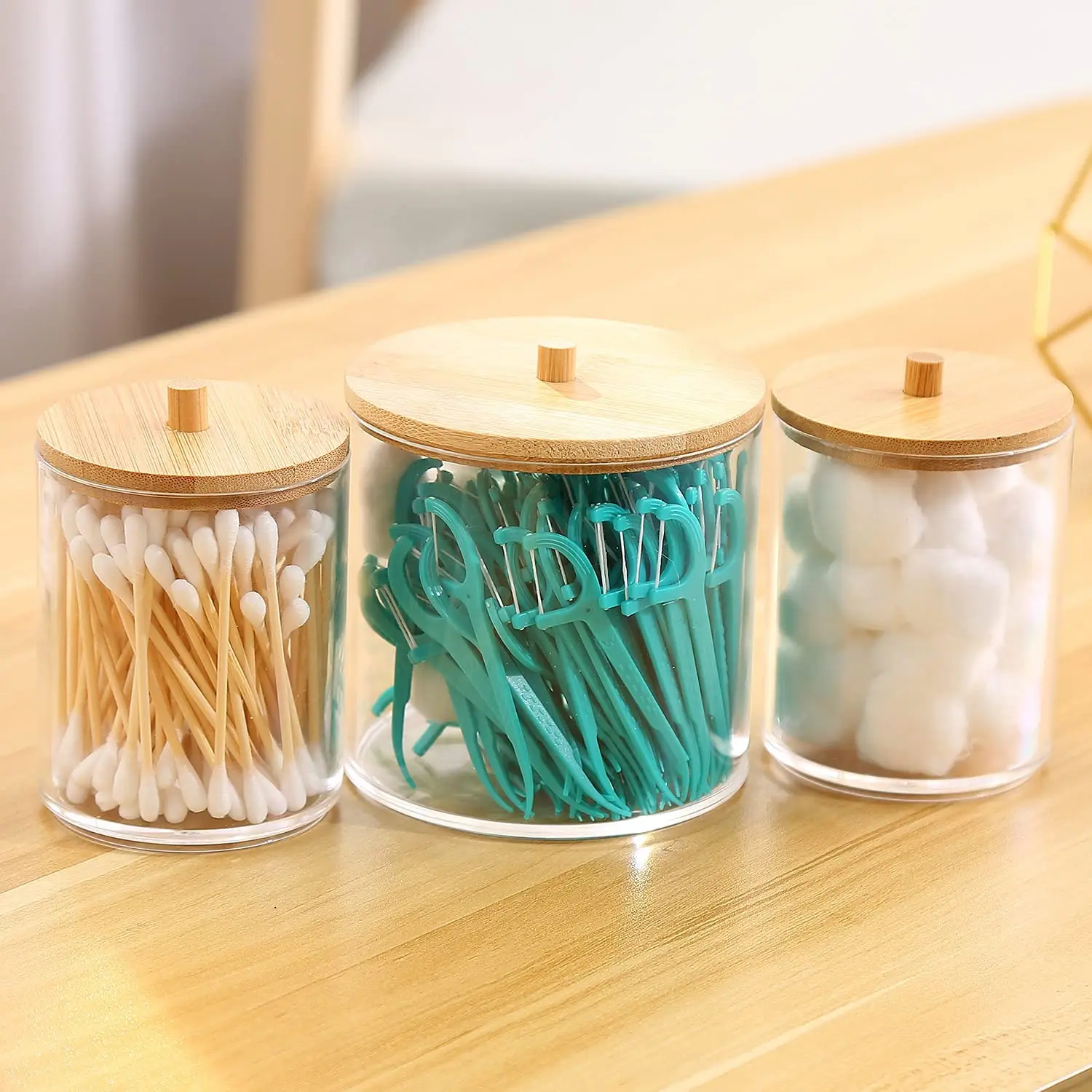 PS Acrylic Organizer Cotton Swab Ball Pad Bud Holder, Qtip Jar Clear Apothecary Jars Bathroom Sponges Hair Band with Bamboo Lids