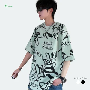 Men Summer Loose Knitted Digital Print Short-Sleeve T-Shirt Polyester/Cotton Breathable Casual