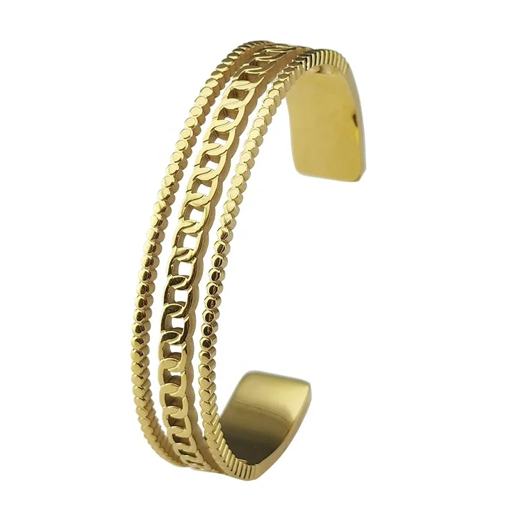 18K Gold Plated Stainless Steel Jewelry Chain Bead Three Layer Open Cuff Hollow Wide Bangle Accessories Bracelet B222275