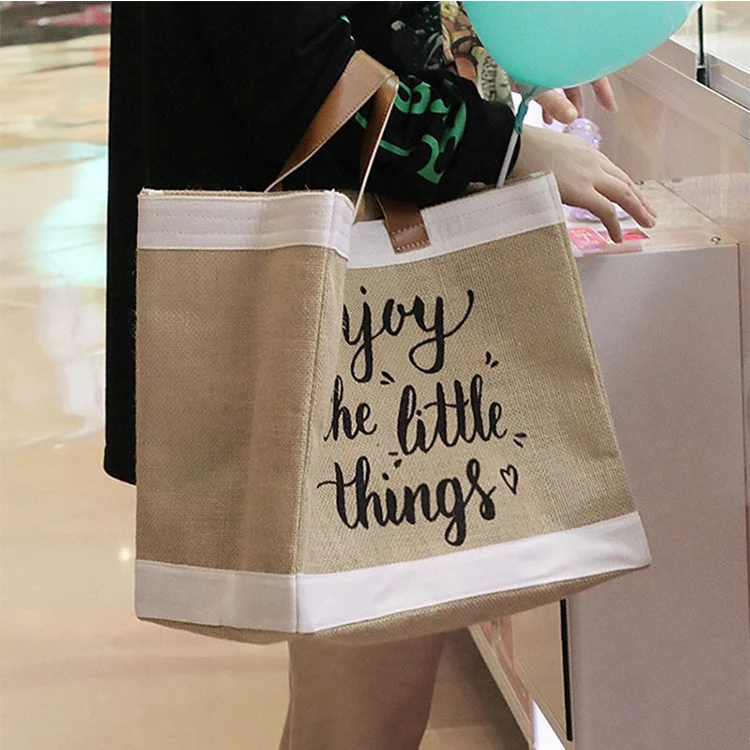 Wholesale Cheap Reusable Custom Logo Printed Grocery Shopping Tote Jute Bag with Leather Handle Large Hemp Burlap