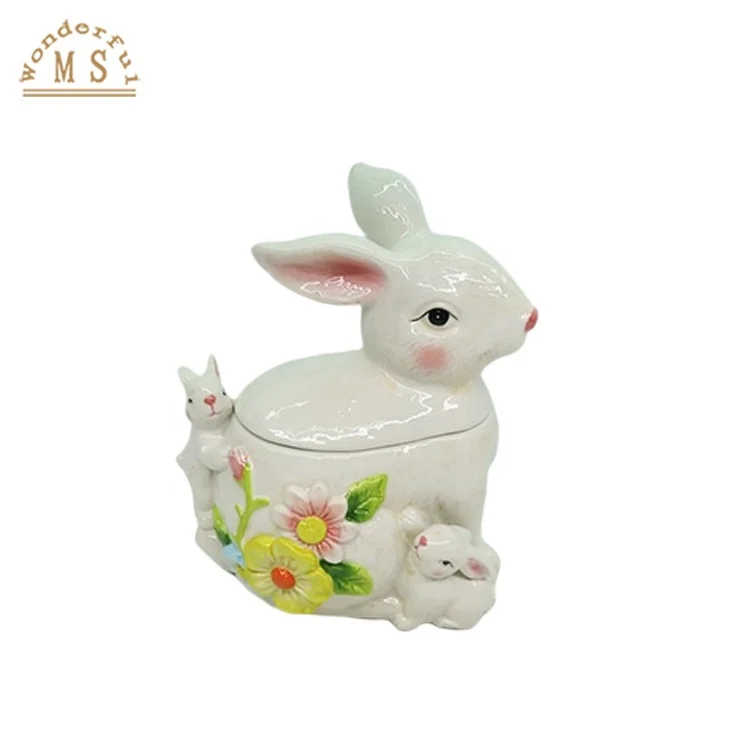 Ceramic Rabbit Canister Embossed Spring Flower Bunny Jar for Kitchen Decoration