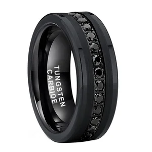 Coolstyle Jewelry 8mm Pipe Cut CZ Stone Inlay Black Tungsten Ring for Men Women Eternity Fashion Engagement Wedding Band