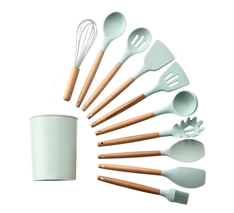 Conjunto de Utensílios de Cozinha em Silicone para Decoração de Bolos da USSE, Conjunto de Utensílios de Cozinha em Silicone com Cabos Naturais de Madeira, Ferramentas para Padaria