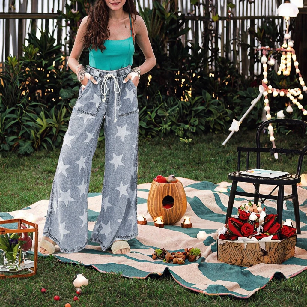 Dear-Lover Wholesale High Waist Wide Leg Ladies Jeans Pants Casual Star Print Light Wash Loose Fit Denim for Autumn Spring