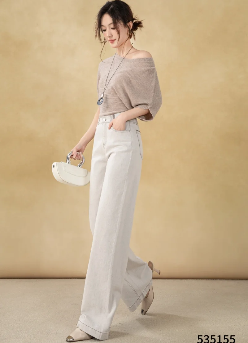 Women's Autumn Street Anti-Wrinkle Casual Jeans Wide Leg Flare Pants Long Sleeves Zipper Fly Solid Color Plain Dyed