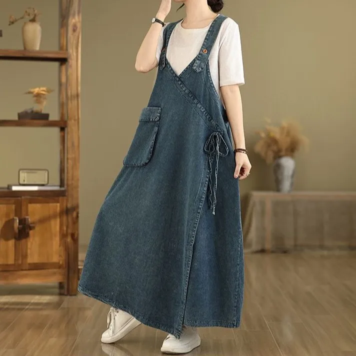 Custom Summer Plus Size Women's Retro Washed Denim Overalls Dress Women's  Western-style Suspender Long Loose Casual Dress