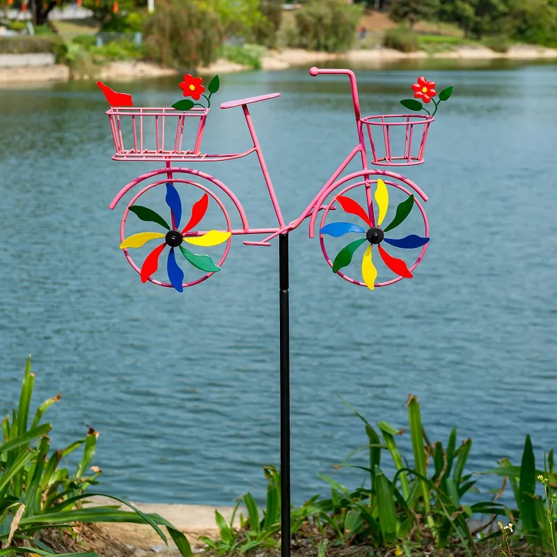 Pink  Bicycle Outdoor Backyard Metal Bicycle Windmill Kinetic  Wind Spinner