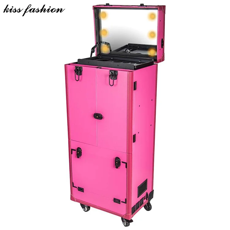 Portable Rolling Train Case with Trolley Large Capacity Eco-Friendly Makeup Artist Vanity Tool Storage Features Lights