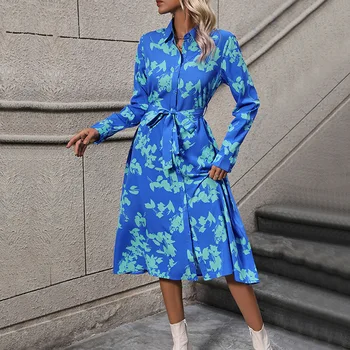 2024 Spring New European and American Women's Long-sleeved Lapel Printed Dress lady girl clothing