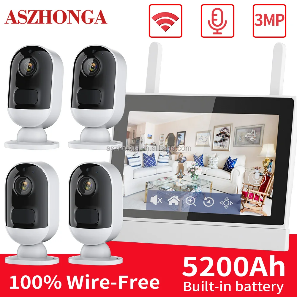 4CH Mini Smart Wireless Ip Network Security Home Surveillance CCTV Battery Camera System 3MP WiFi 7 Inch LCD Monitor Nvr Kit
