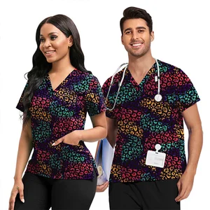 Unisex Summer Cotton Nursing Hospital Medical Uniforms V-Neck Women Scrub Tops All Over Printing Pattern Scrub Tops