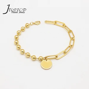 Wholesale Luxury Jewelry Gold Half Beads Chain Link Blank Round Pendant Fancy Chain Charms Bracelet for Lady