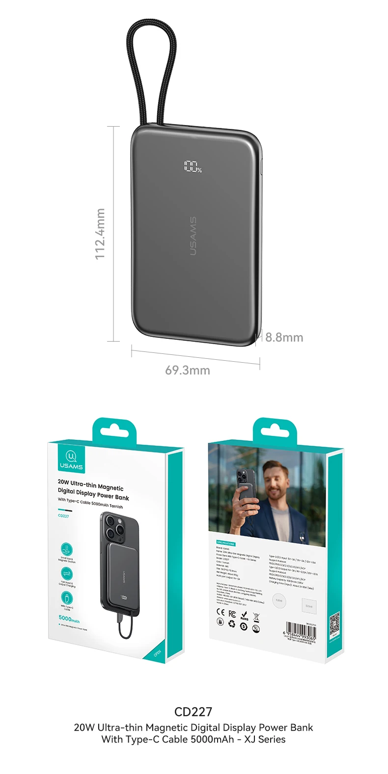 Bao bì và sản phẩm pin dự phòng USAMS CD227 5000mAh 20W