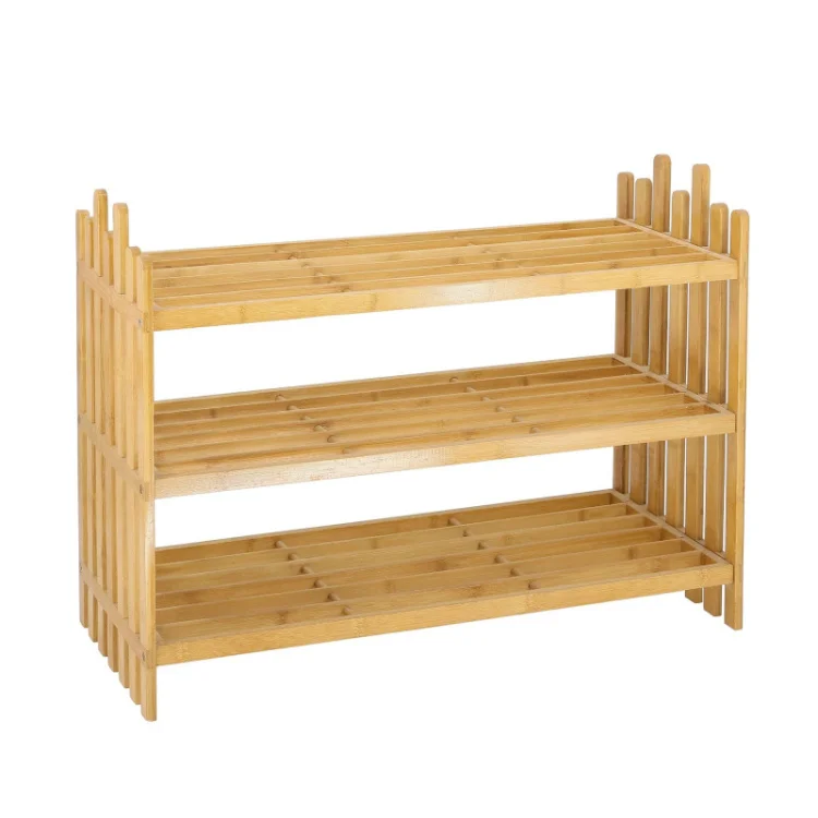 Custom bamboo solid wood 3 tier multifunctional home boutique storage stackable shelf shoe racks cabinet