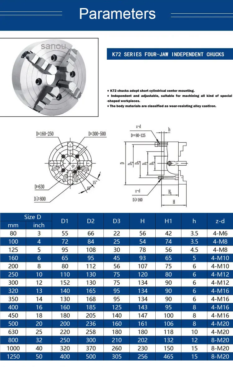 Lathe Chuck 80mm 4 Jaw Independent Chuck K72-80 by SANOU