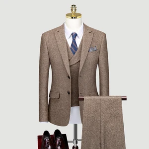 2026 New Men's 3 Pieces 50% Wool Slim Business Peaked Lapel High Quality Casual Single Breasted Suit Set for Men