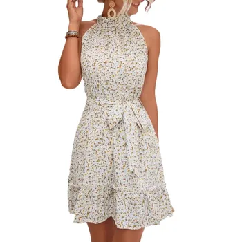 Full Body Printed Elegant Casual Vacation Floral Dress, Summer Women's Lace Tied Sleeveless Round Neck Hanging Neck Dress