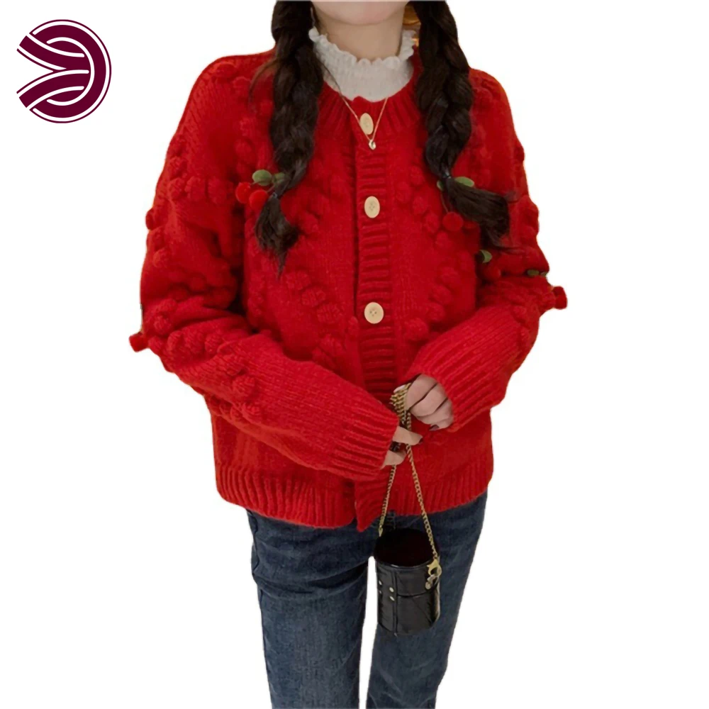 Oem Women Spring Sweater Coat O Neck Fruit Knit Cardigans Long Sleeve