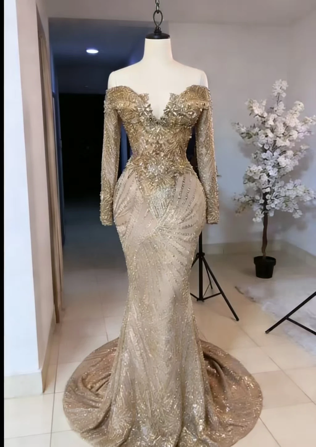 S0047y Women's Luxury Gold Beaded Mermaid Evening Gown With Illusion Neckline & Long Sleeves Wedding Dress