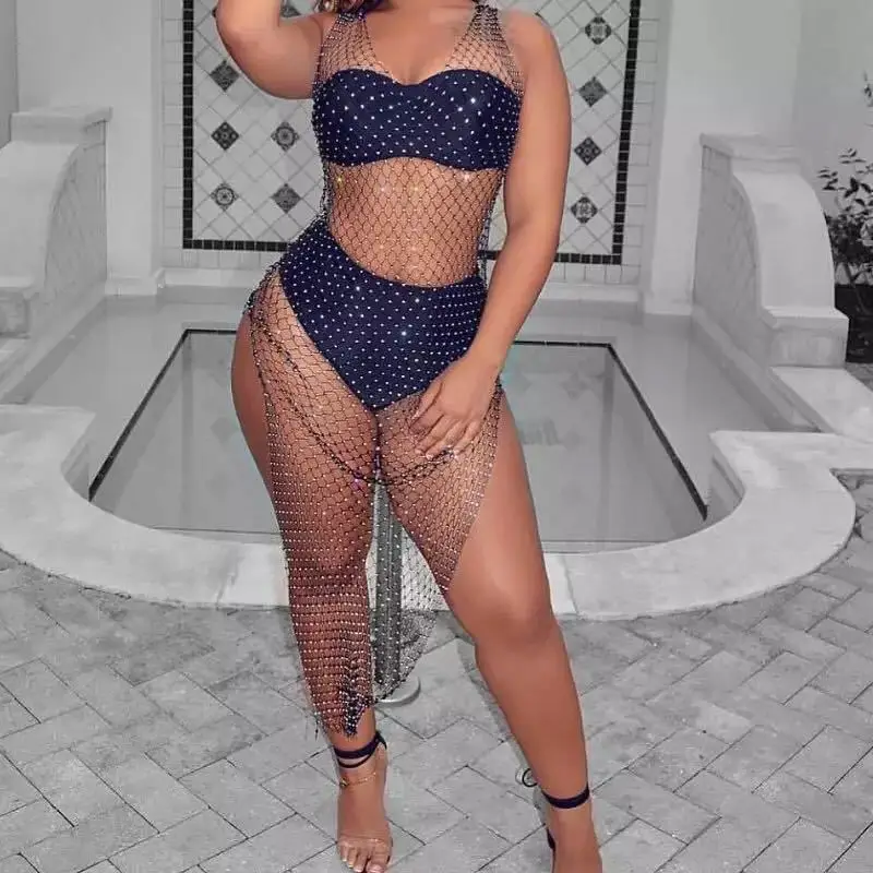 Vestido de rejilla con diamantes de imitación brillantes para mujer, Sexy,  transparente, sin mangas, rejilla de pesca, Chic, verano, playa, Bikini,