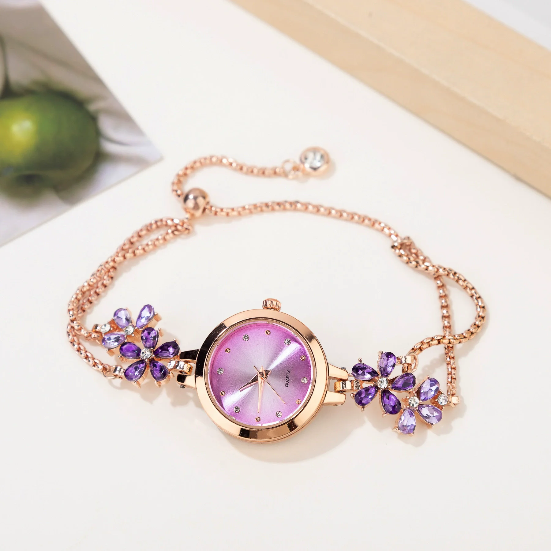 Women\'s Rose Gold Purple Quartz Petal Casual Bracelet Simulated Luxury Watch Women main image 3