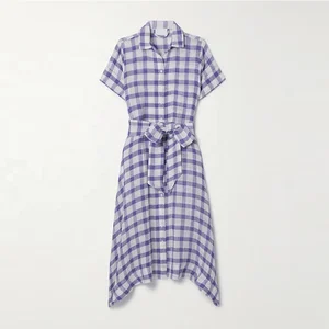 Clothing Manufacturer Custom Purple Polo Collar Short Sleeve Plaid Linen Blend Midi Shirt Summer Dresses 2026