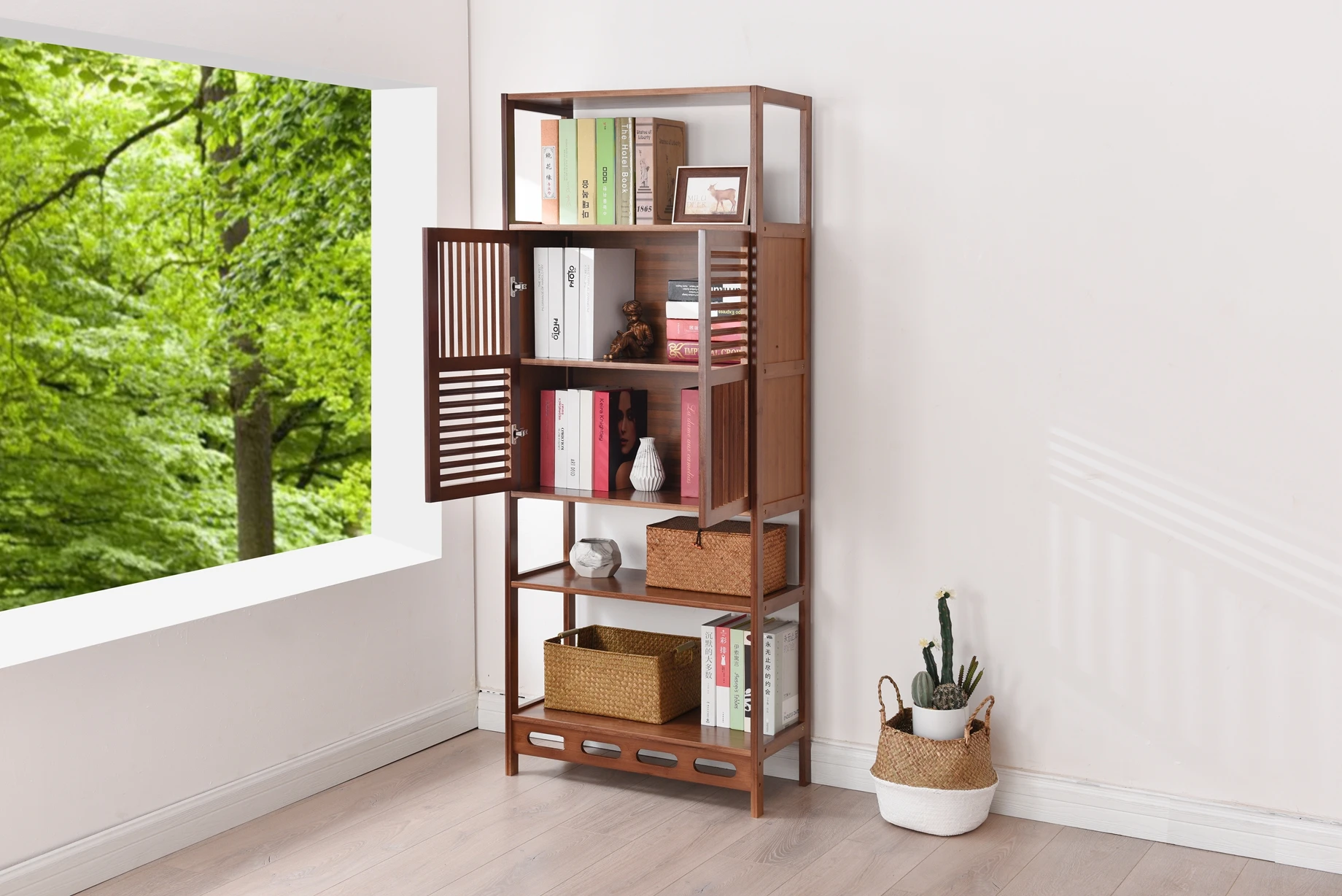 Modern Wooden Bamboo Book Shelf With Doors Bamboo Storage Rack For