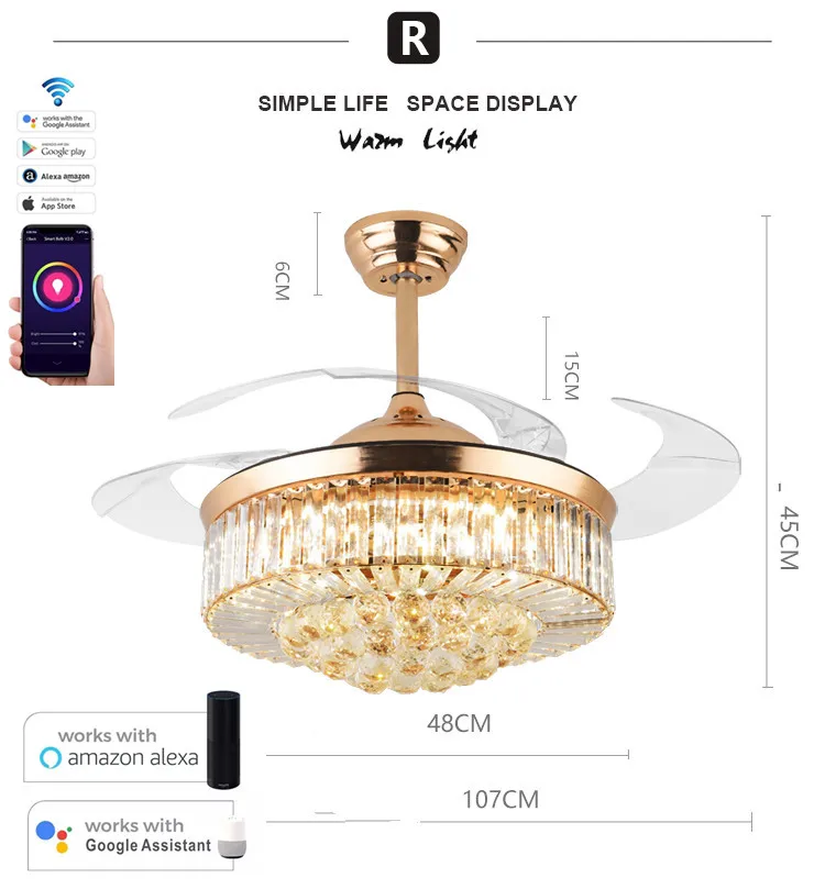 42-inch Living Room Fan Lamp Alexa Google Home Tuya Intelligent Voice Control LED Three-Color Variable Light DC Motor (GOLD)