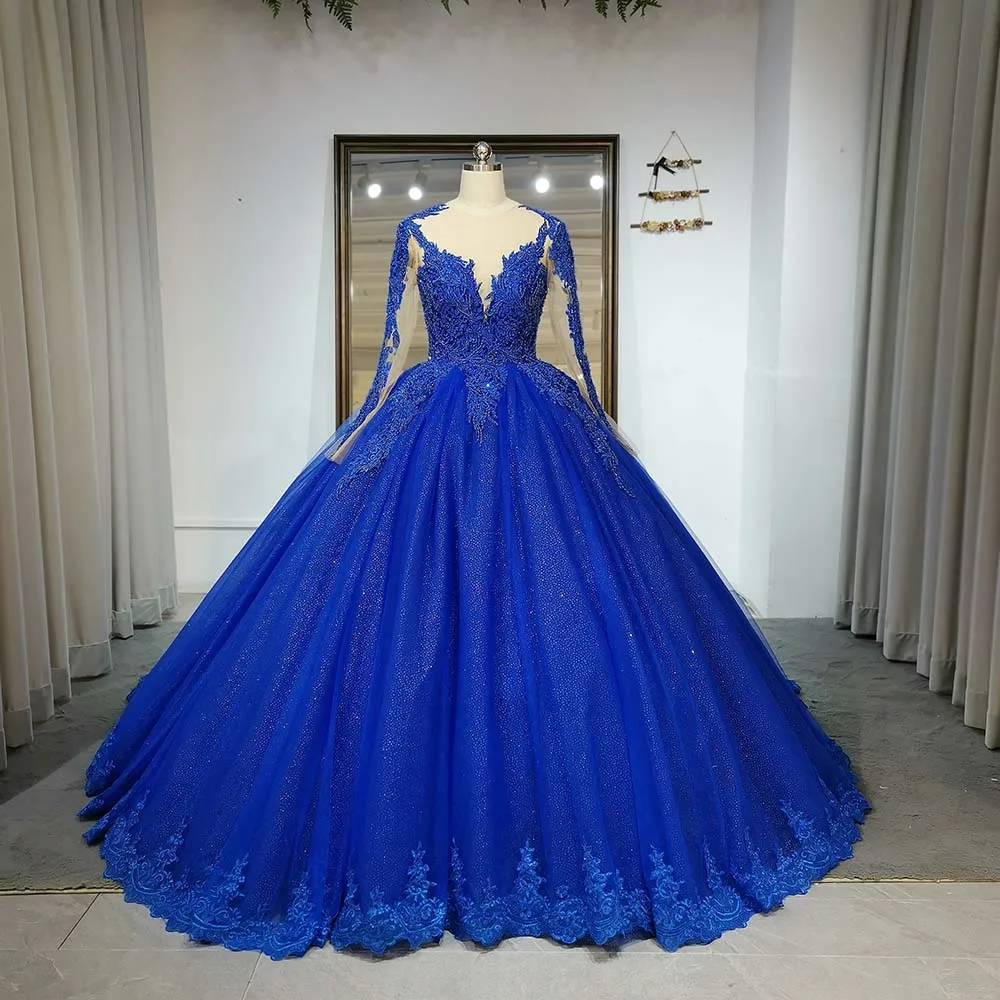 long sleeve navy blue quince dress Promfast Ball Gown Long Sleeves Navy Blue With Lace Prom Dress, Quince