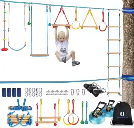 Ninja Obstacle Course for Kids Backyard Outdoor for Girls & Boys With Monkey Bars, Ladder, Wheel, Gymnastics, Climbing Net
