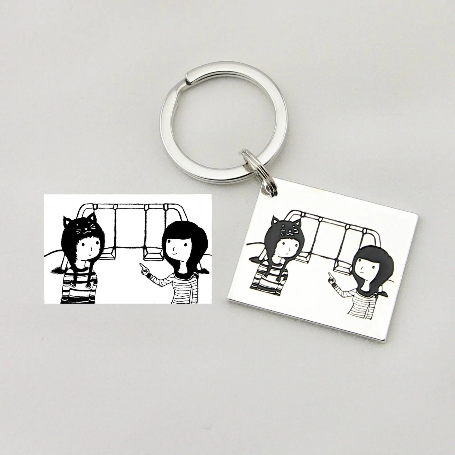 Customizable Hand Painted Children's Drawing Keychain with  Stainless Steel Bag Charm