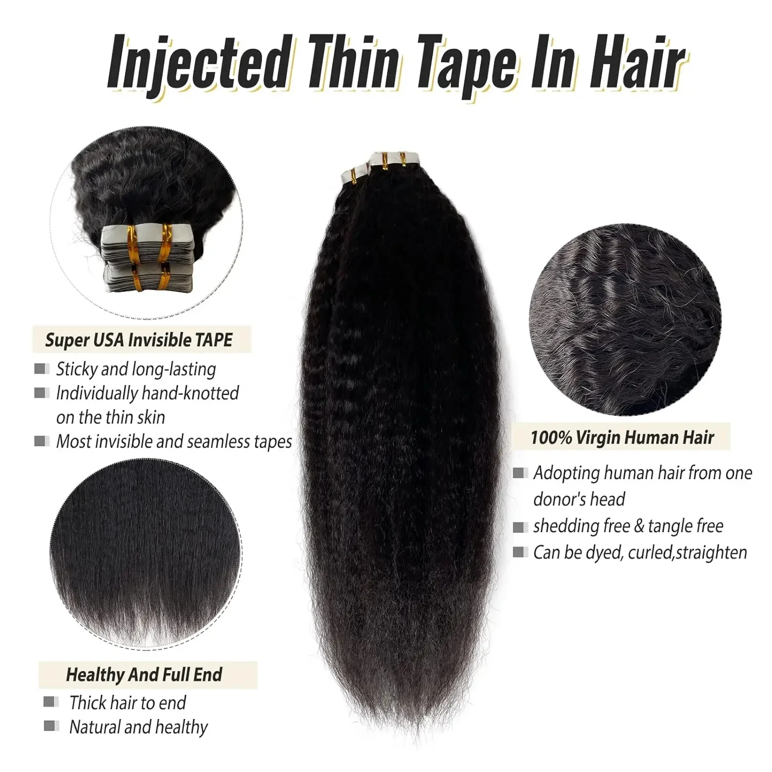 Kinky Straight Tape In Human Hair Extensions Black Remy Hair_voghion.com