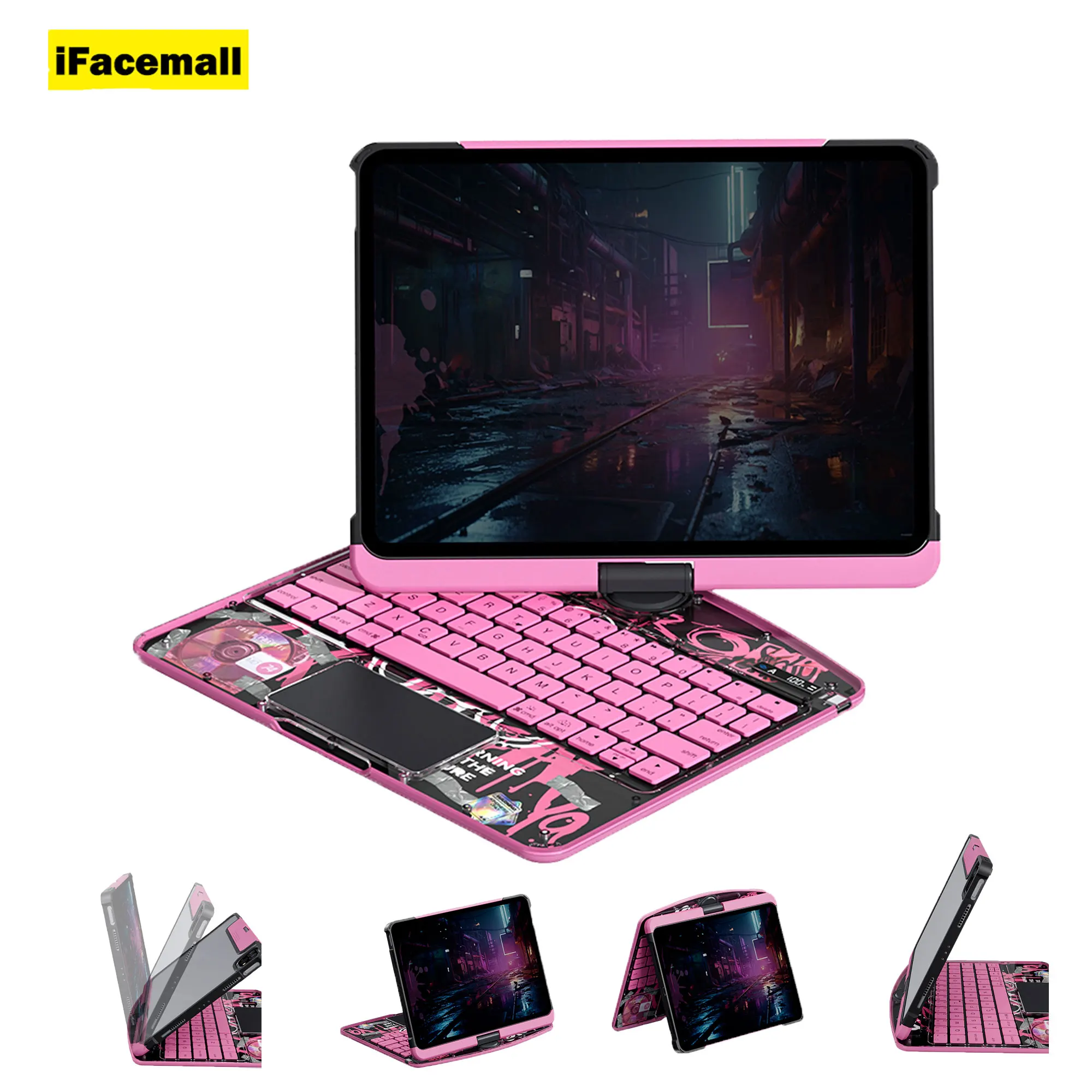 IFacemall Newest Transparent Neon Color Keyboard Cover for iPad with 360 Rotated Keyboard for iPad Air 11inch 2024  Air 5th