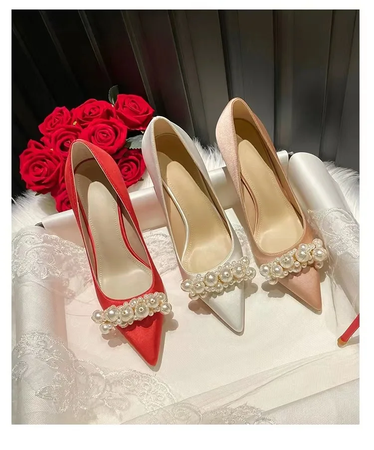 Women Bridal Shoes Pearl Wedding Party Shoes High Heels Satin Pointed Toe Female Stiletto Pumps - Image 5