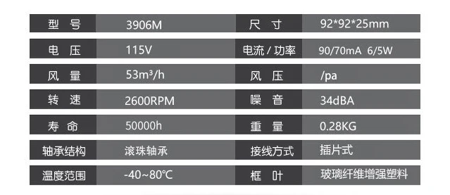 Original Axial Flow Fan 3906M 9225 115V 6W 2600RPM 90/70mA Cabinet Power Distribution Cabinet Computer Fan