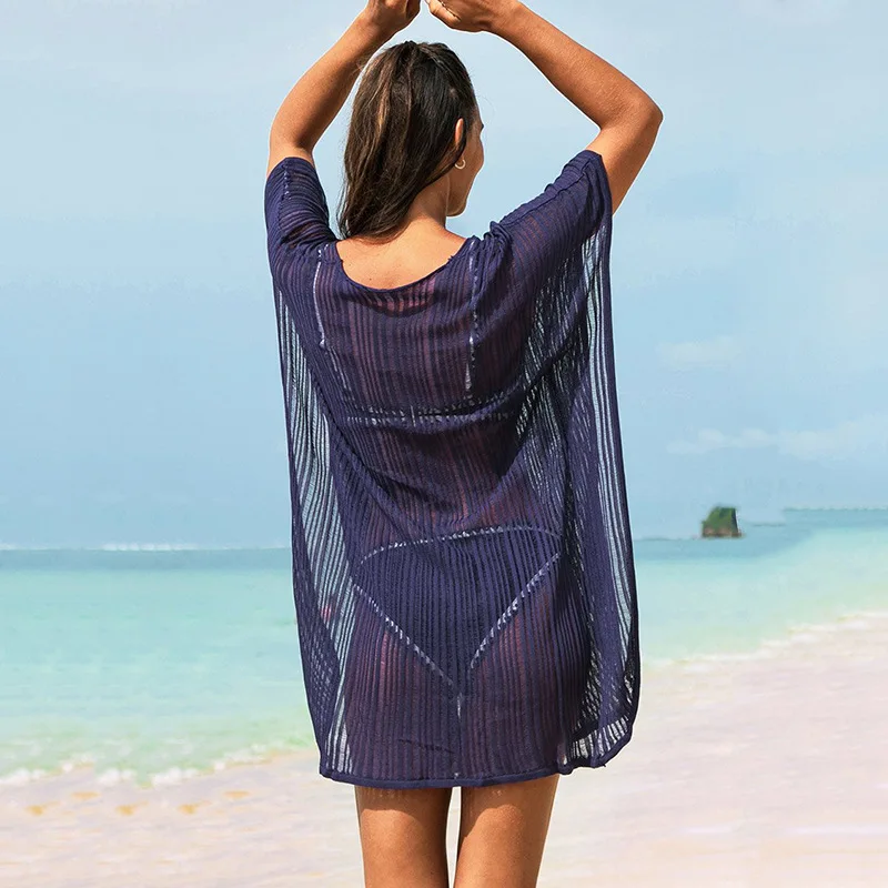 Crochet Navy Blue Swim Cover Up Plus Size Short Sleeve Bathing