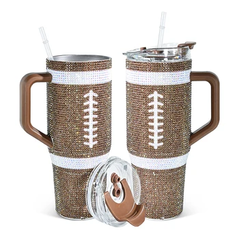 40oz Stainless Steel Insulated Vacuum Tumbler Cup with Handle and straw Diamond Print American Rugby Football Bling Rhinestone