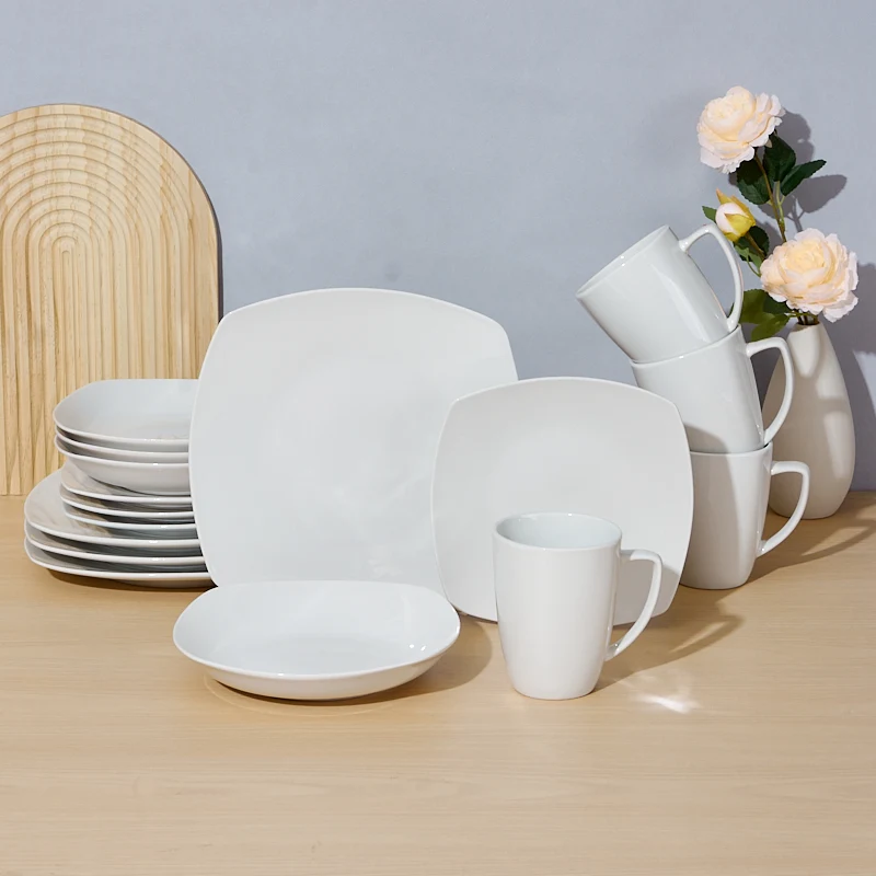 Wholesale Modern Square Ceramic Dinner Set for Hotel & Restaurant Custom 16-24 Pcs White Porcelain China Plate Durable Feature