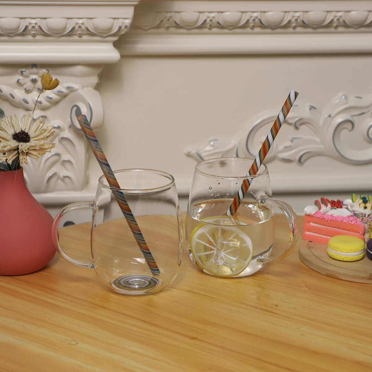 Factory Price Glass Crafts Mug With Fruit Pattern Hand Blown Glass Cup With Color Handle Heat Resistant Tea Cup