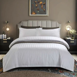 White 3cm Stripe Double King Size Hotel Bedding Set 100% Cotton 300tc Woven Modern Eco-Friendly Anti-Pilling Custom Logo