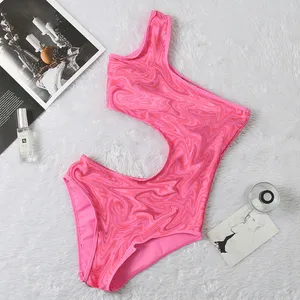 2026 Ladies Sexy Slim One-Piece Bikini Pink Solid Single Shoulder Swimsuit