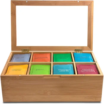 Bamboo Stash Tea Bag Sampler Assortment Display Box Storage Chest with Clear Lid Hinge Lock Holder Sorter for Kitchen